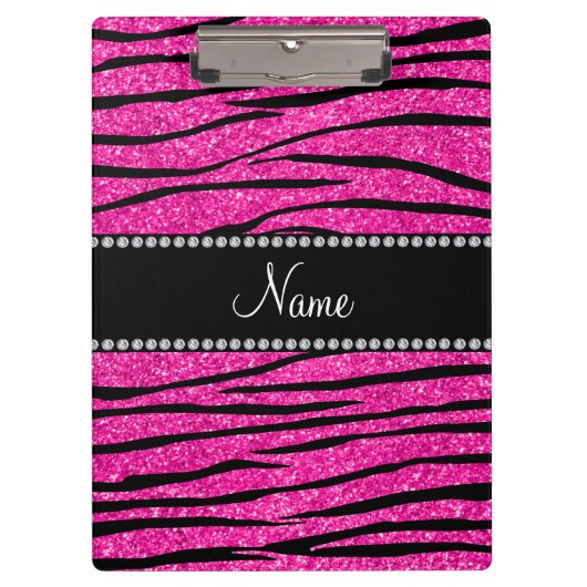 Aangepaste naam neon hot roze glitter zebra strepe klembord (Voorkant)