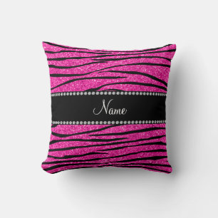 Aangepaste naam neon hot roze glitter zebra strepe kussen