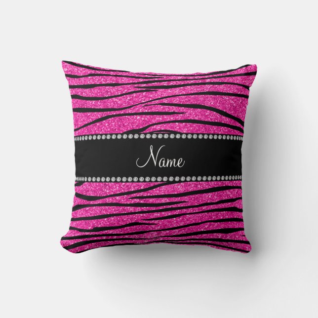 Aangepaste naam neon hot roze glitter zebra strepe kussen (Voorkant)
