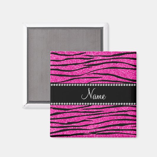 Aangepaste naam neon hot roze glitter zebra strepe magneet (Voorkant / Achterkant)