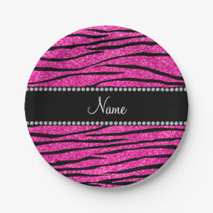 Aangepaste naam neon hot roze glitter zebra strepe papieren bordje