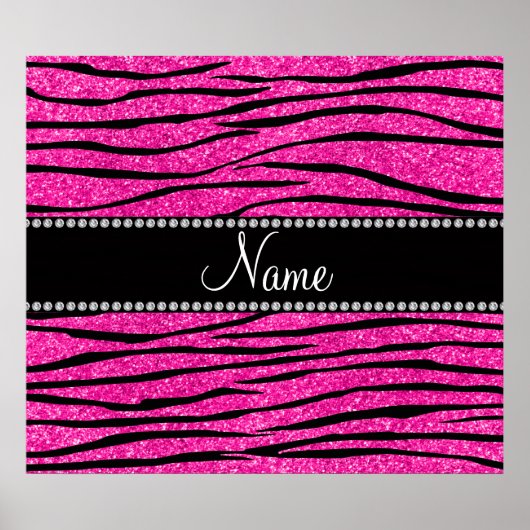 Aangepaste naam neon hot roze glitter zebra strepe poster (Voorkant)