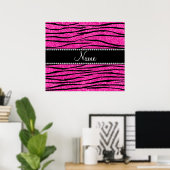 Aangepaste naam neon hot roze glitter zebra strepe poster (Thuiskantoor)