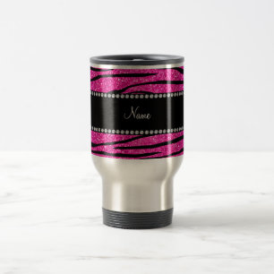 Aangepaste naam neon hot roze glitter zebra strepe reisbeker