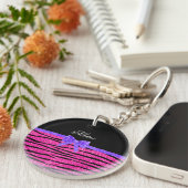 Aangepaste naam neon hot roze glitter zebra strepe sleutelhanger (Voorkant Rechts)