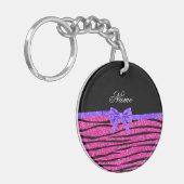 Aangepaste naam neon hot roze glitter zebra strepe sleutelhanger (Voorkant Links)