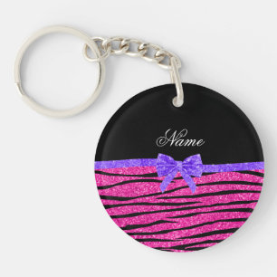 Aangepaste naam neon hot roze glitter zebra strepe sleutelhanger