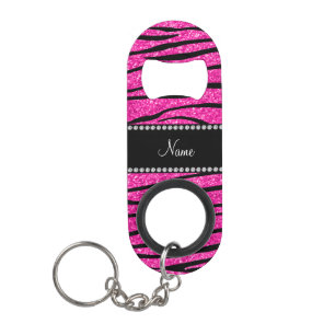 Aangepaste naam neon hot roze glitter zebra strepe sleutelhanger flessenopener