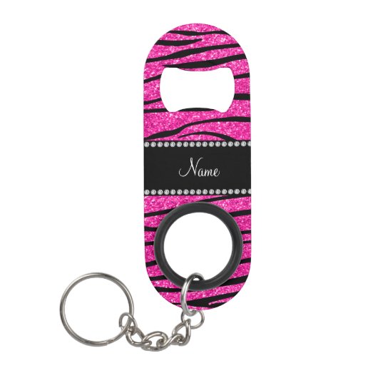 Aangepaste naam neon hot roze glitter zebra strepe sleutelhanger flessenopener (Voorkant)