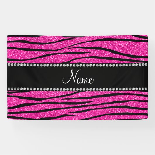 Aangepaste naam neon hot roze glitter zebra strepe spandoek (Horizontaal)