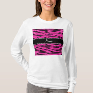 Aangepaste naam neon hot roze glitter zebra strepe t-shirt
