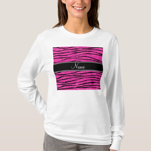 Aangepaste naam neon hot roze glitter zebra strepe t-shirt (Voorkant)