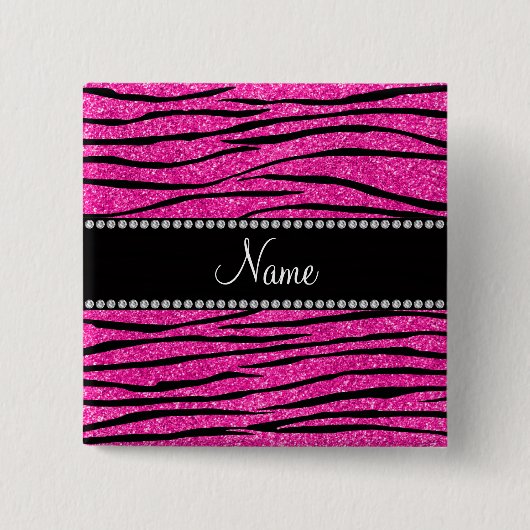 Aangepaste naam neon hot roze glitter zebra strepe vierkante button 5,1 cm (Voorkant)