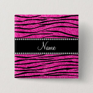 Aangepaste naam neon hot roze glitter zebra strepe vierkante button 5,1 cm