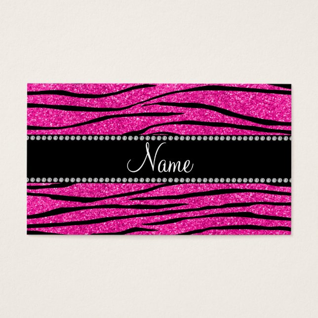 Aangepaste naam neon hot roze glitter zebra strepe visitekaartje (Voorkant)