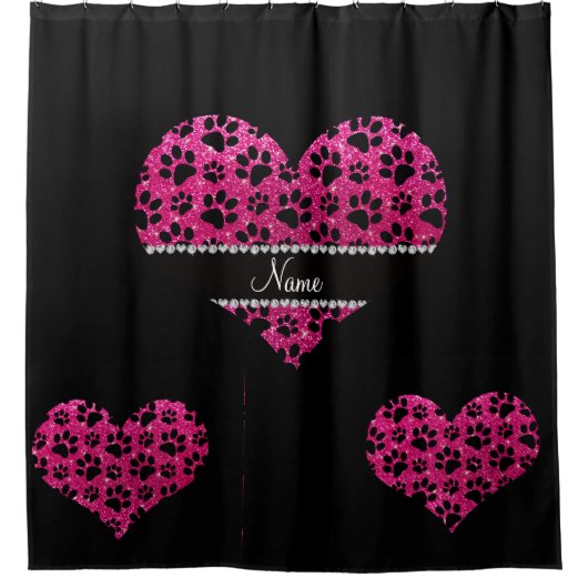 Aangepaste naam neon hot roze glitter zwarte hondj douchegordijn (Voorkant)