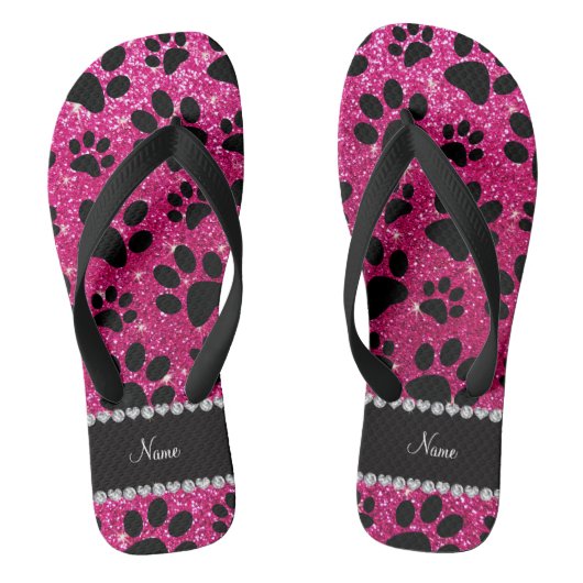 Aangepaste naam neon hot roze glitter zwarte hondj teenslippers (Voetbed)