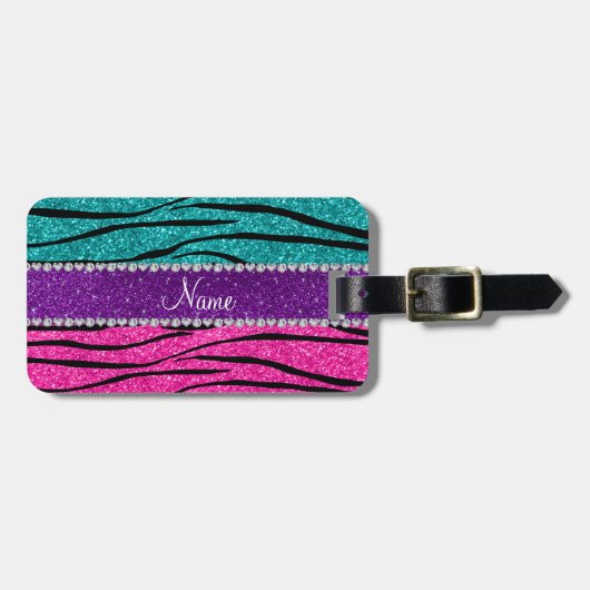 Aangepaste naam neon hot roze turquoise zebra stri bagagelabel (Voorkant horizontaal)