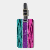 Aangepaste naam neon hot roze turquoise zebra stri bagagelabel (Voorkant verticaal)