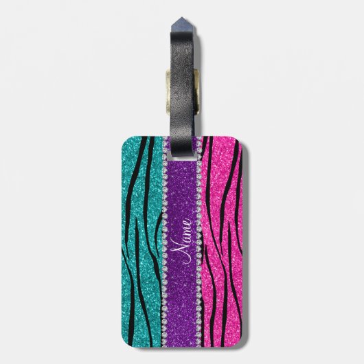 Aangepaste naam neon hot roze turquoise zebra stri bagagelabel (Achterkant verticaal)