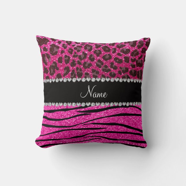 Aangepaste naam neon hot-roze zebrastrepen leopard kussen (Voorkant)