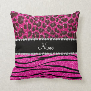 Aangepaste naam neon hot-roze zebrastrepen leopard kussen