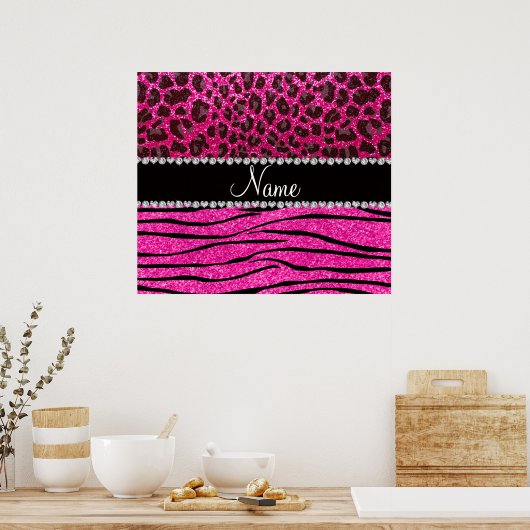Aangepaste naam neon hot-roze zebrastrepen leopard poster (Keuken)