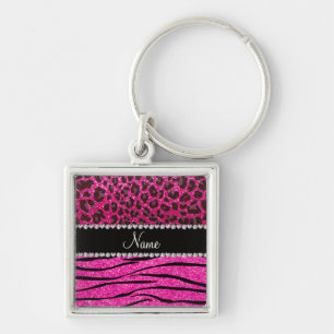Aangepaste naam neon hot-roze zebrastrepen leopard sleutelhanger