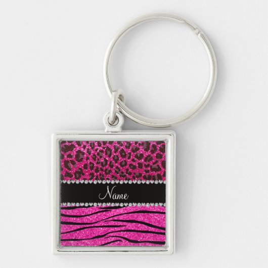 Aangepaste naam neon hot-roze zebrastrepen leopard sleutelhanger (Voorkant)