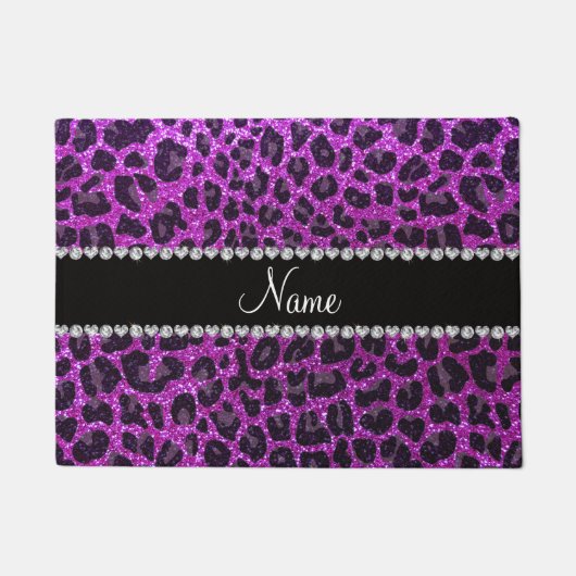 Aangepaste naam neon paarse glitter leopard print deurmat (Voorkant)