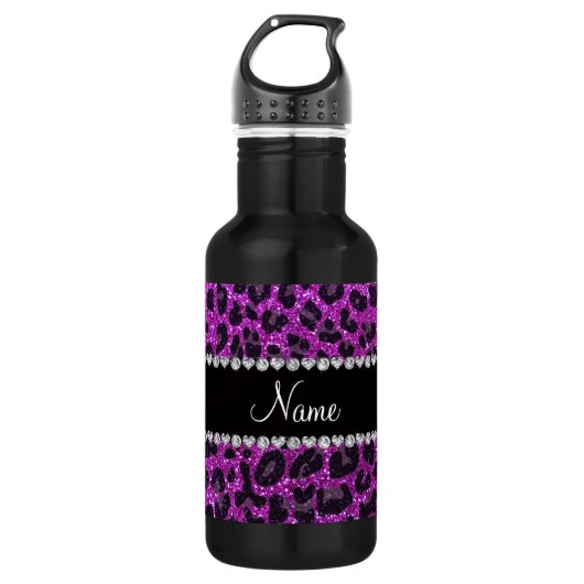 Aangepaste naam neon paarse glitter leopard print waterfles  (Voorkant)