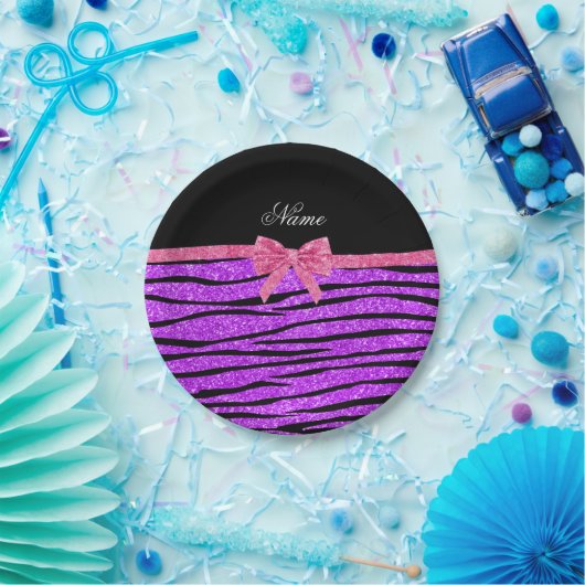 Aangepaste naam neon paarse glitter zebra striboog papieren bordje (Feest)