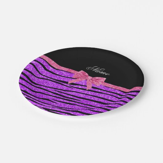 Aangepaste naam neon paarse glitter zebra striboog papieren bordje (Gekanteld)