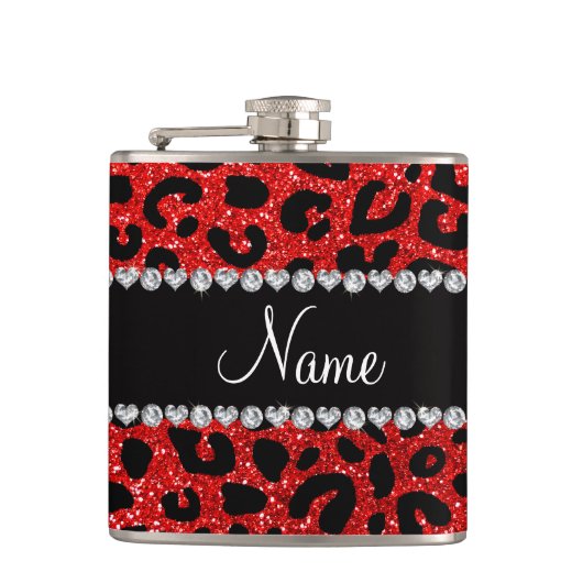 Aangepaste naam neon red glitter cheetah print heupfles (Voorkant)