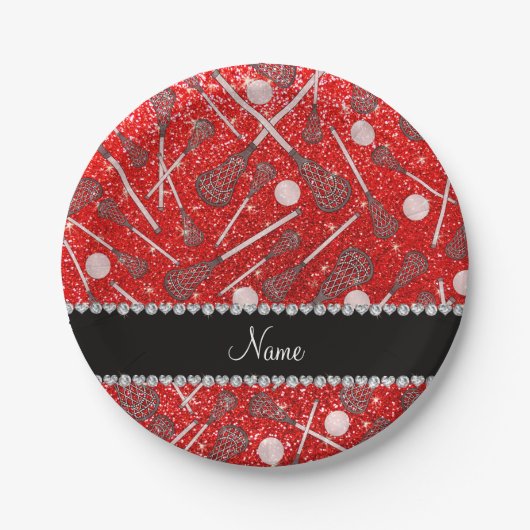 Aangepaste naam neon red glitter lacrosse sticks papieren bordje (Voorkant)