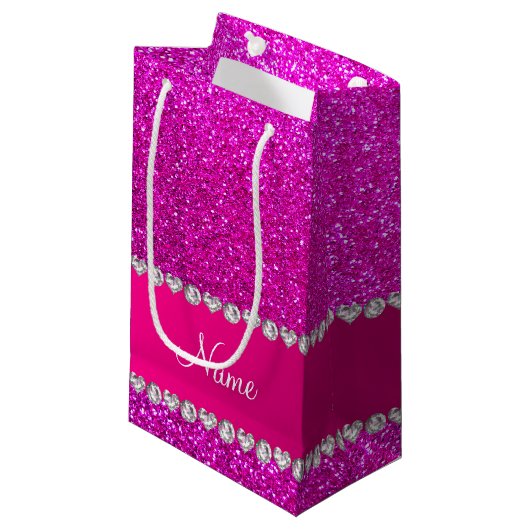 Aangepaste naam neon roze glitter hot roze streep klein cadeauzakje (Voorkant Gekanteld)