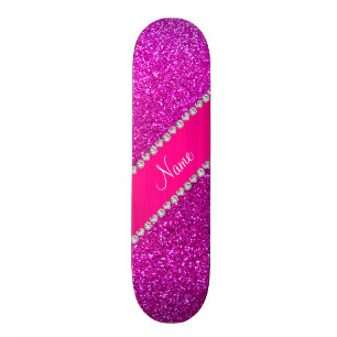 Aangepaste naam neon roze glitter hot roze streep skateboard