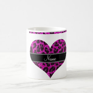 Aangepaste naam neon roze glitter leopard print koffiemok
