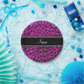 Aangepaste naam neon roze glitter leopard print papieren bordje (Feest)