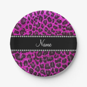 Aangepaste naam neon roze glitter leopard print papieren bordje