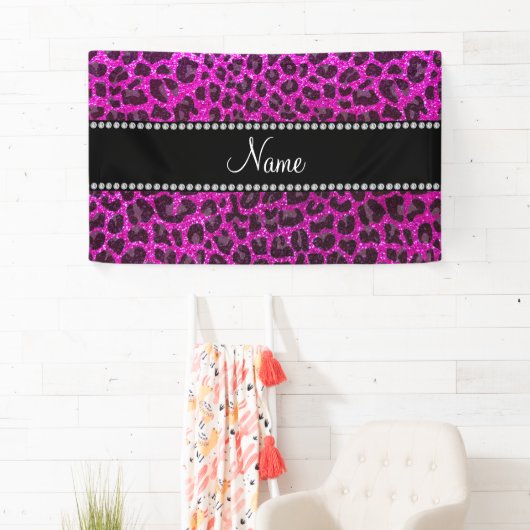 Aangepaste naam neon roze glitter leopard print spandoek (Insitu)