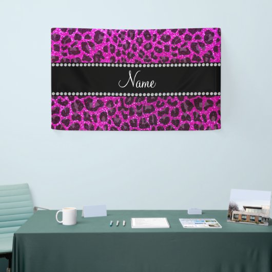 Aangepaste naam neon roze glitter leopard print spandoek (Beurs)
