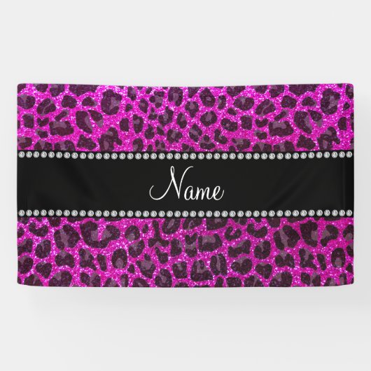 Aangepaste naam neon roze glitter leopard print spandoek (Horizontaal)