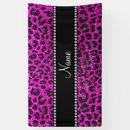 Aangepaste naam neon roze glitter leopard print spandoek (Verticaal)