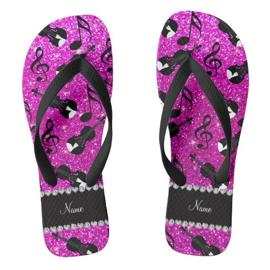 Aangepaste naam neon roze glitter violet muzieknot teenslippers (Voetbed)