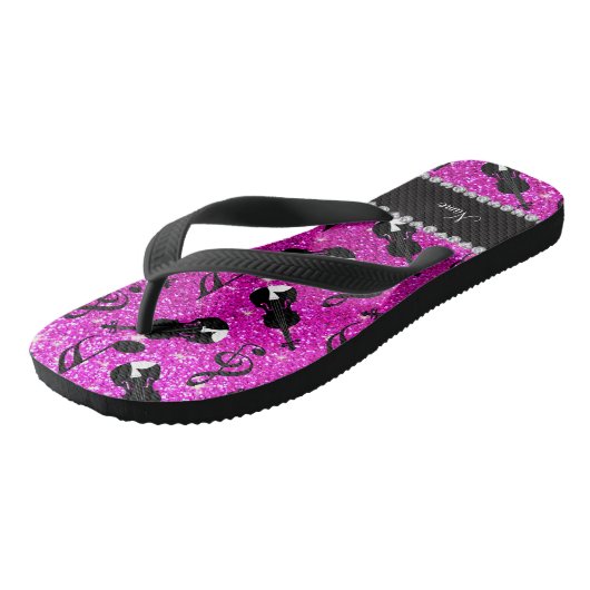 Aangepaste naam neon roze glitter violet muzieknot teenslippers (Schuin)