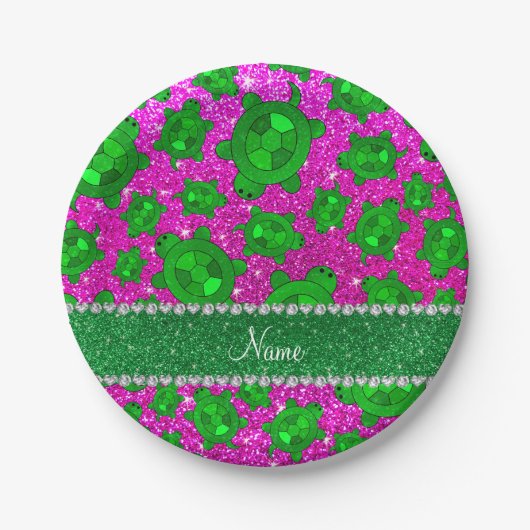 Aangepaste naam neon roze glitter zee schildpadden papieren bordje (Voorkant)
