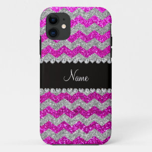 Aangepaste naam neon roze zilverglitterchevrons iPhone 11 hoesje