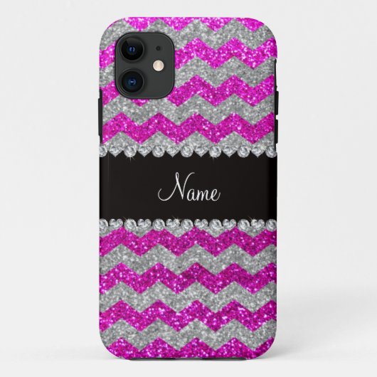 Aangepaste naam neon roze zilverglitterchevrons Case-Mate iPhone case (Achterkant)