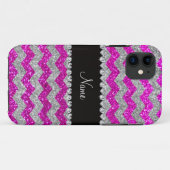 Aangepaste naam neon roze zilverglitterchevrons Case-Mate iPhone case (Achterkant (horizontaal))